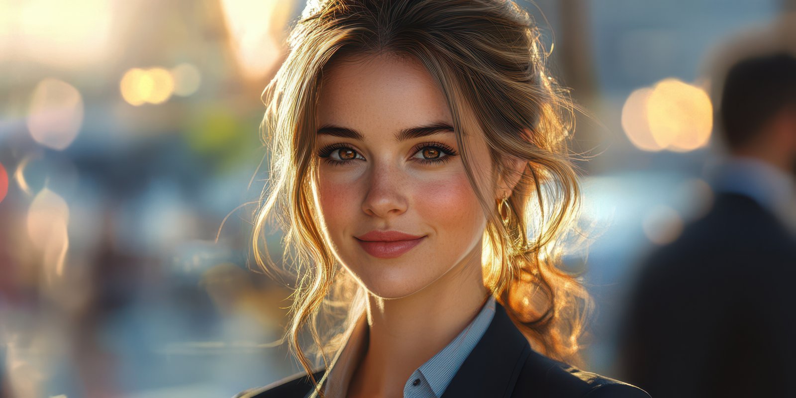 Young woman smiling in a city setting during golden hour with blurred background